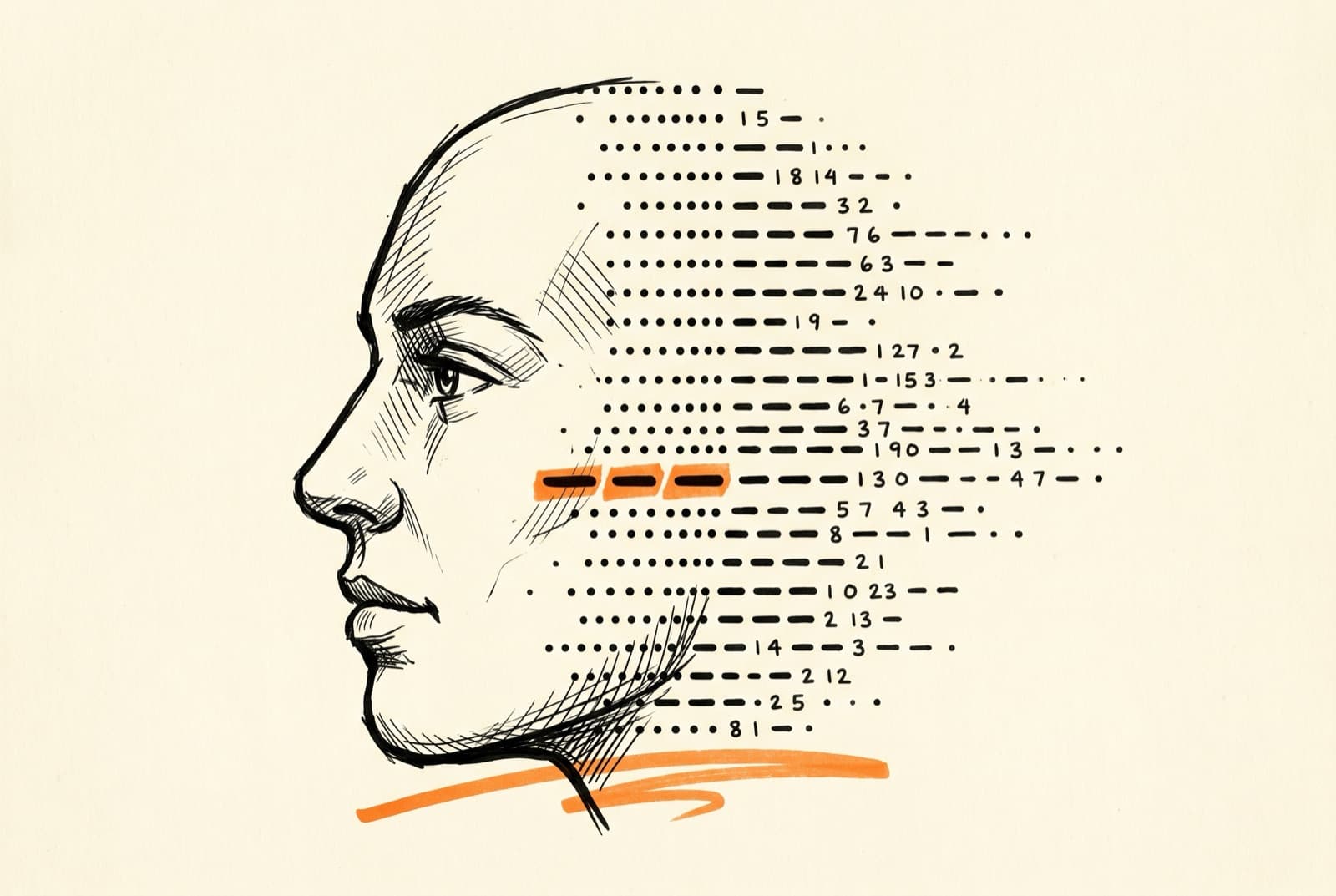 Ink profile portrait whose far side dissolves into hand-drawn rows of data marks, three highlighted in orange