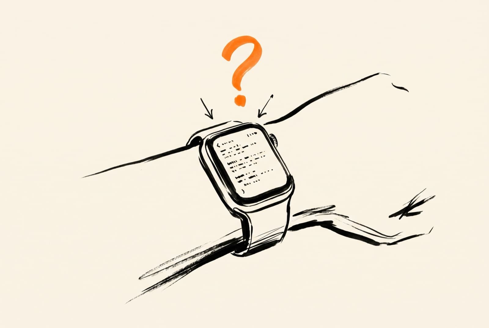 Ink sketch of a smartwatch on a wrist streaming terminal text, with an orange question mark drawn above it