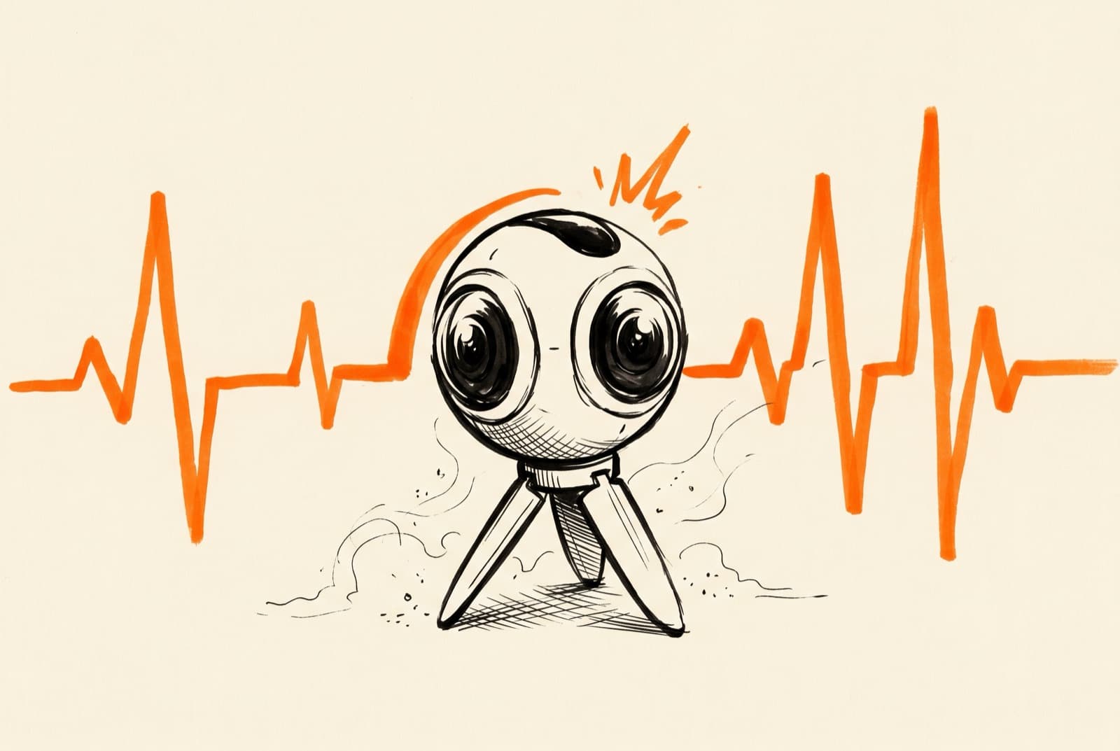 Ink sketch of a small spherical 360 camera on an orange heartbeat line that just came back to life