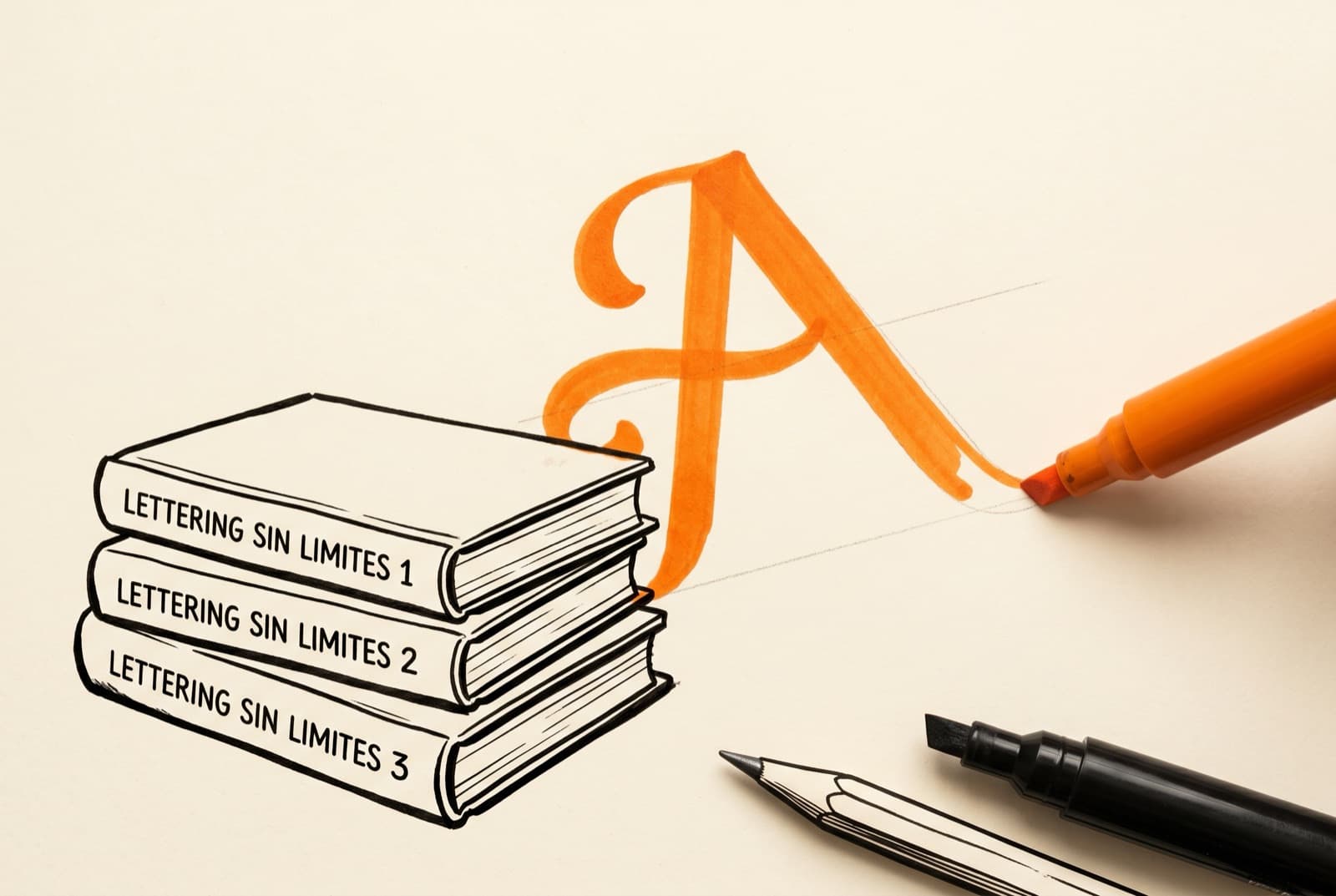 Ink illustration of three books titled Lettering sin límites beside a large orange hand-lettered capital A