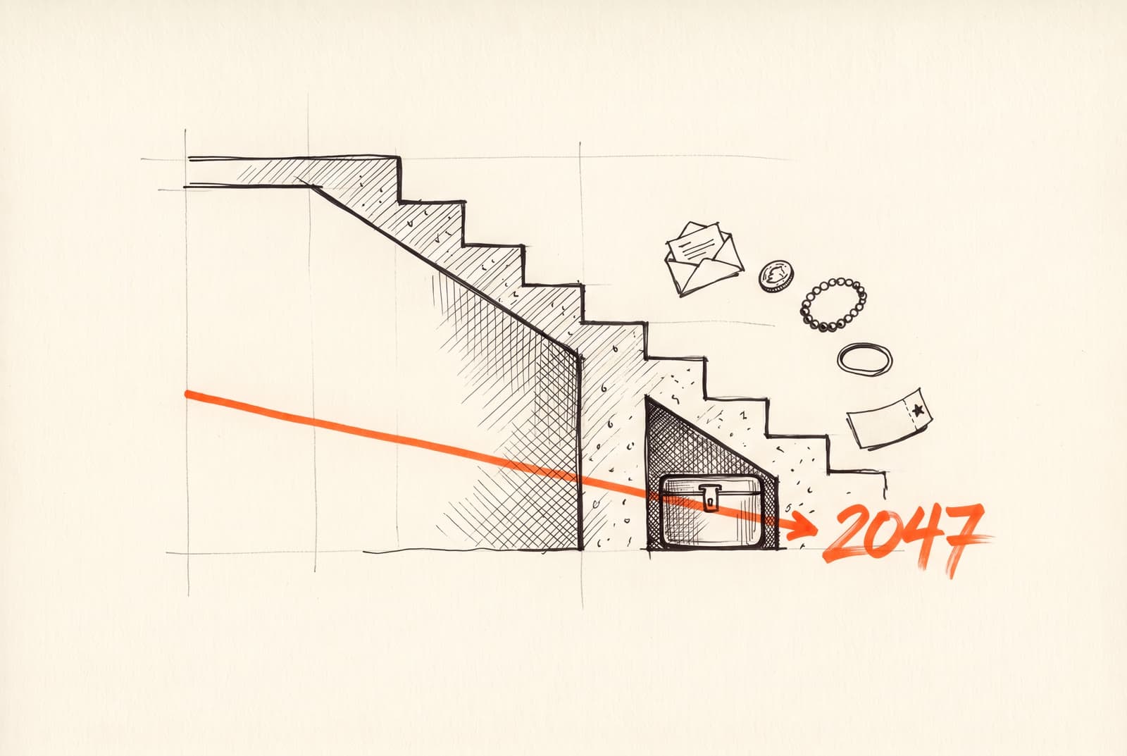 Dibujo en corte, en tinta, de una escalera con una caja sellada dentro del muro, pequeños objetos acomodándose en ella y una línea de marcador naranja que va de 2026 hacia 2047