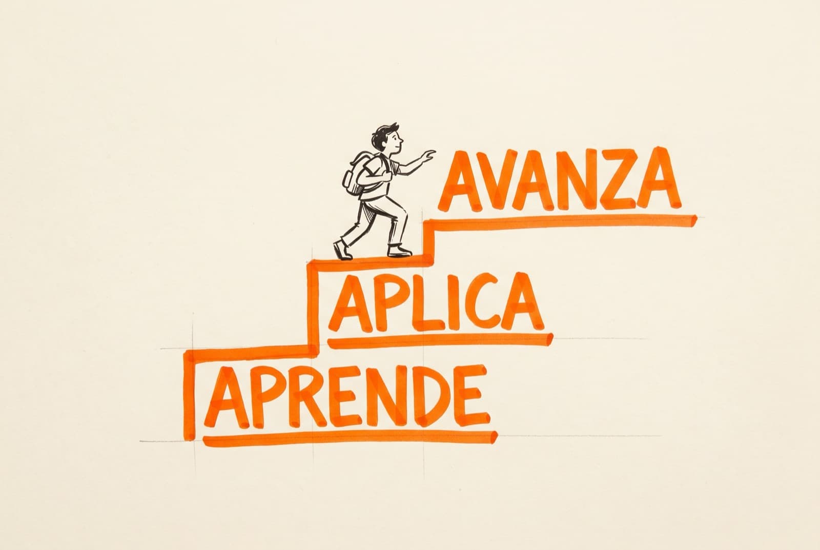 Ilustración en tinta de un estudiante subiendo tres palabras naranjas como escalones: aprende, aplica, avanza