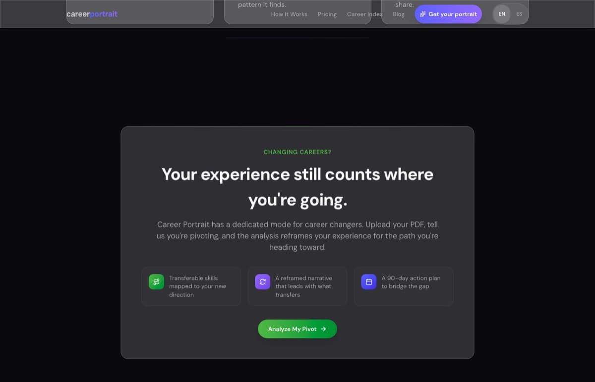 The career changer mode on careerportrait.co, live in production