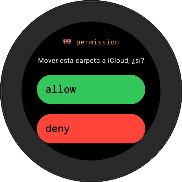 The real CCWEAROS permission prompt rendered on the round watch screen