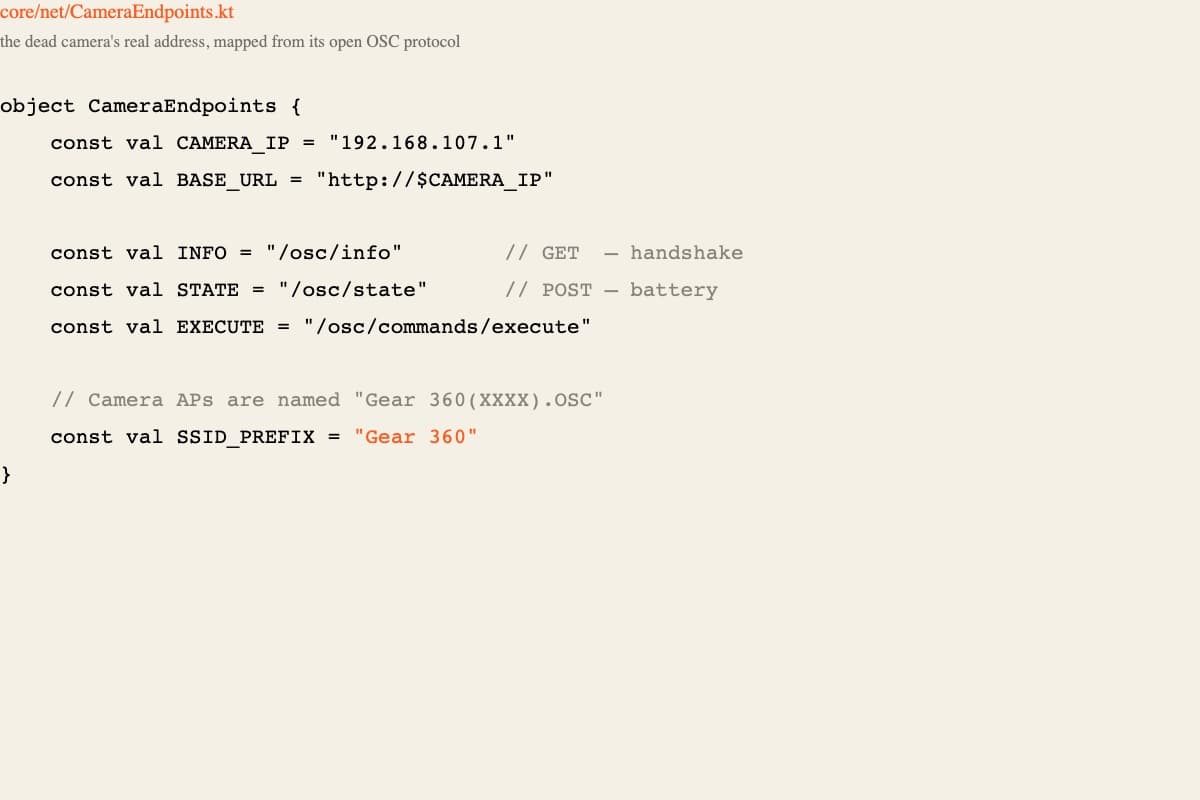 The real Kotlin file mapping the camera's fixed IP and its three OSC endpoints