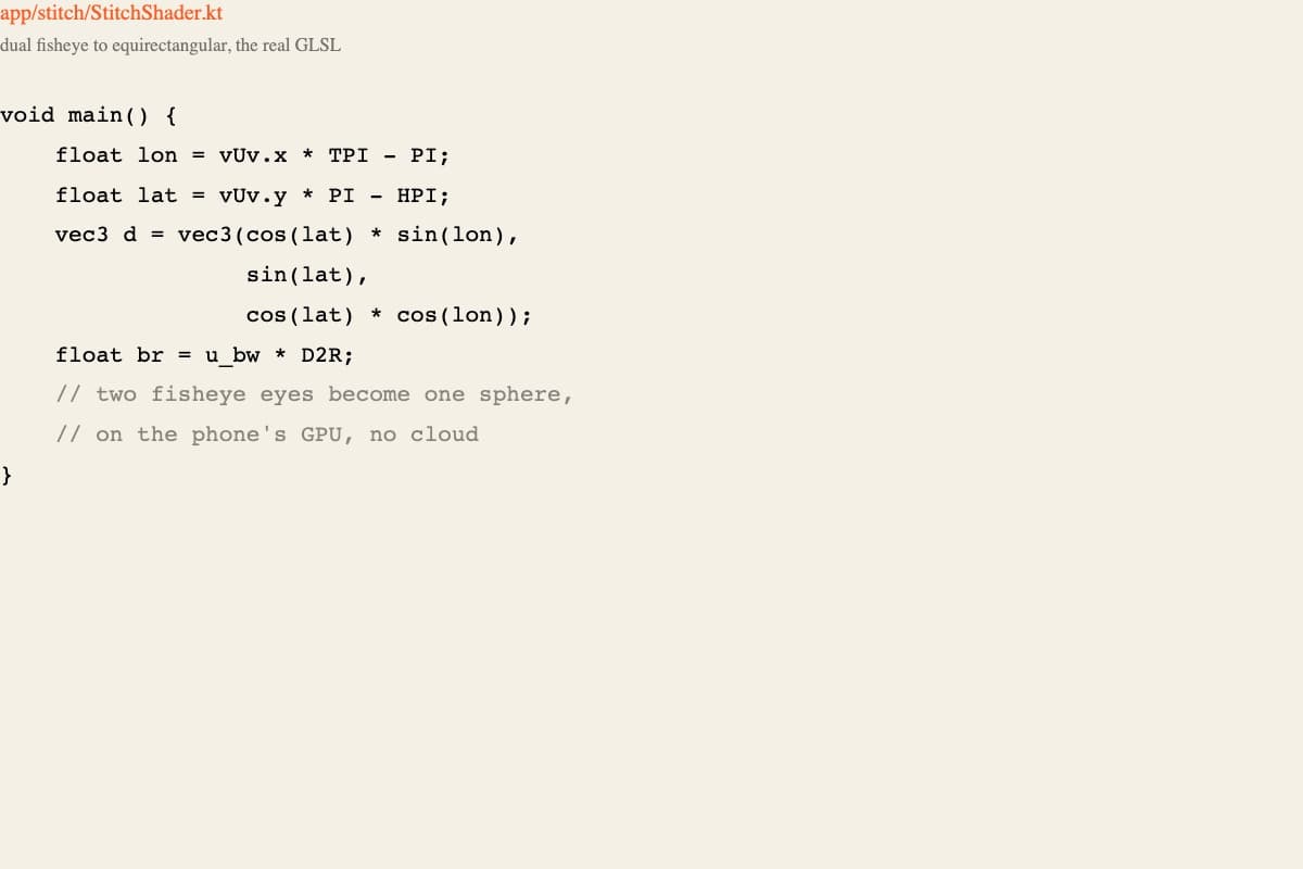 The real GLSL shader code that turns two fisheye images into one sphere