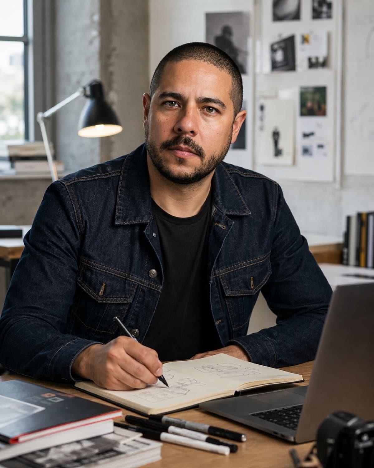 Luis Miguel at his desk, sketching in a notebook with markers and a laptop in front of him