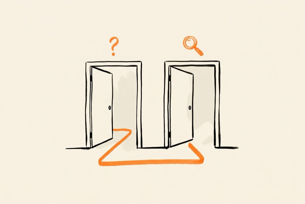 Ink drawing of two open doors, a question mark over one and a magnifying glass over the other, joined by an orange marker line